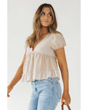 Azura Exchange Waffle Patchwork Frilled V Neck Blouse - L