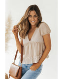 Azura Exchange Waffle Patchwork Frilled V Neck Blouse - L