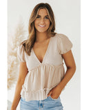 Azura Exchange Waffle Patchwork Frilled V Neck Blouse - L