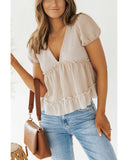 Azura Exchange Waffle Patchwork Frilled V Neck Blouse - L