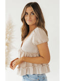 Azura Exchange Waffle Patchwork Frilled V Neck Blouse - L