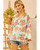 Azura Exchange Pleated Puff Sleeve Blouse with V Neck and Floral Design - L