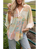 Azura Exchange Paisley Print Bell Sleeve Sheer Blouse - L