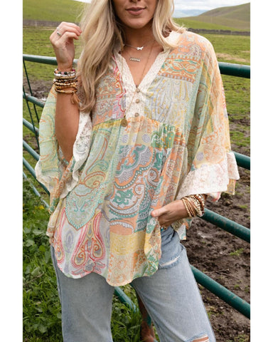 Azura Exchange Paisley Print Bell Sleeve Sheer Blouse - M