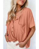 Azura Exchange Textured Loose Top with Notched V Neck and Buttoned Front - XL