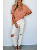 Azura Exchange Textured Loose Top with Notched V Neck and Buttoned Front - XL