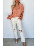 Azura Exchange Textured Loose Top with Notched V Neck and Buttoned Front - XL