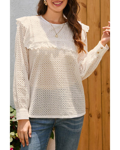 Azura Exchange Hollowed Long Sleeve Round Neck Ruffled Blouse - M