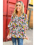 Azura Exchange Floral Notched V-Neck Puff Sleeve Blouse - M