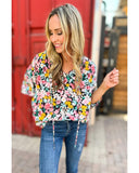 Azura Exchange Floral Notched V-Neck Puff Sleeve Blouse - S