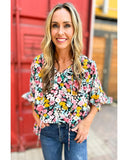 Azura Exchange Floral Notched V-Neck Puff Sleeve Blouse - XL