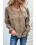 Azura Exchange Leopard Print Ruffle Puff Sleeves Blouse - M