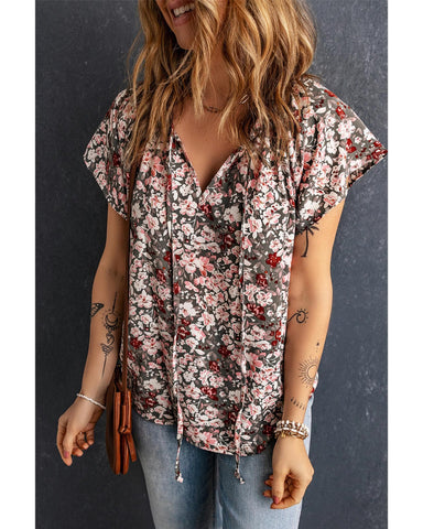 Azura Exchange Printed V-neck Flutter Sleeve Blouse - M