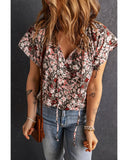 Azura Exchange Printed V-neck Flutter Sleeve Blouse - XL