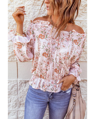 Azura Exchange Puff Sleeve Ruffled Floral Print Blouse - L