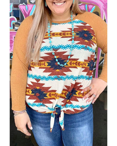 Azura Exchange Orange Aztec Print Raglan Long Sleeve Top - 4X