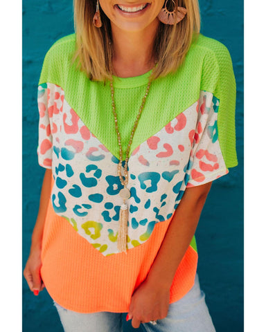 Azura Exchange Leopard Patchwork Waffle Knit T-Shirt - L