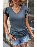 Azura Exchange Ruffle V Neck Drawstring Top - L