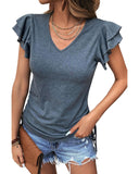 Azura Exchange Ruffle V Neck Drawstring Top - S