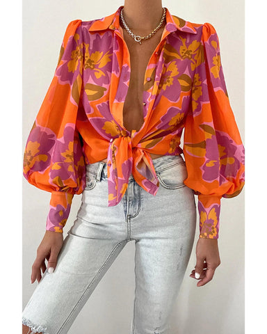 Azura Exchange Floral Print Lantern Sleeve Shirt - S