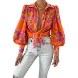 Azura Exchange Floral Print Lantern Sleeve Shirt - S