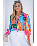 Azura Exchange Swirl Color Block Print Lantern Sleeve Shirt - S