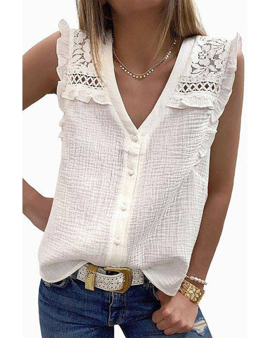 Azura Exchange Textured Sleeveless Shirt with Floral Lace Crochet - S