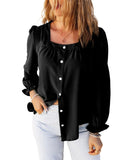 Azura Exchange Flounce Sleeve Square Neck Button-Up Shirt - M