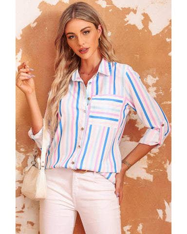 Azura Exchange Striped Roll Tab Sleeve Shirt - XL