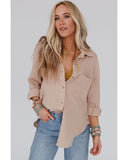 Azura Exchange Crinkled Khaki Shirt with Turn-down Collar and Button Closure - M