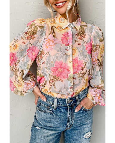 Azura Exchange Floral Collared Shirt with Puff Sleeves - S