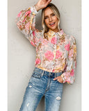 Azura Exchange Floral Collared Shirt with Puff Sleeves - S