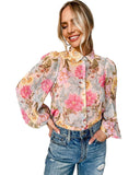 Azura Exchange Floral Collared Shirt with Puff Sleeves - S