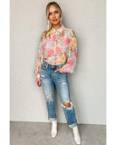 Azura Exchange Floral Collared Shirt with Puff Sleeves - S