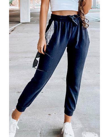Azura Exchange Rhinestone Trim Drawstring Jogger Pants - L