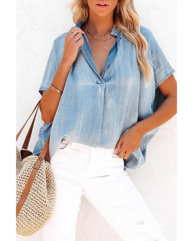 Azura Exchange V Neck Oversized Denim Blouse - M