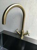 2023 Brushed Brass Gold Cross 1/4 turn hot cold Solid stainless steel  goose neck Swivel Kitchen tap