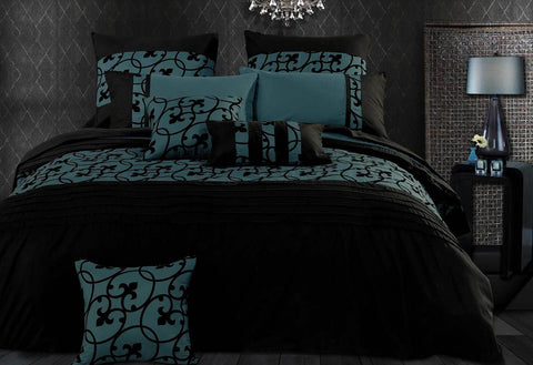 Luxton King Size Dark Teal Black Flocking Quilt Cover Set(3PCS)