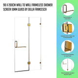 90 x 200cm Wall to Wall Frameless Shower Screen 10mm Glass By Della Francesca