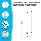 110 x 200cm Wall to Wall Frameless Shower Screen 10mm Glass By Della Francesca
