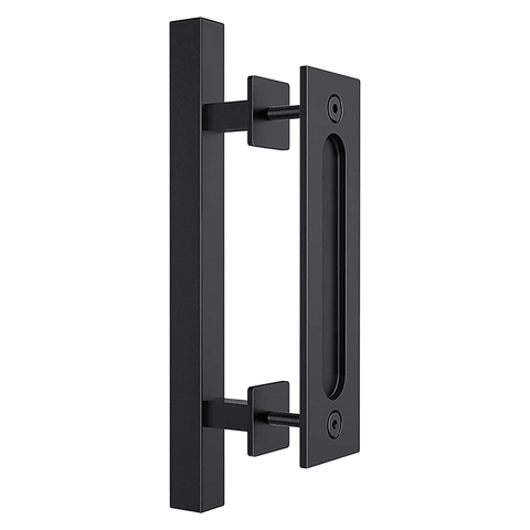 12" Square Pull and Flush Door Handle Set Black Barn Door Hardware