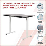Palermo Standing Desk Sit Stand Height Adjustable Motorised 120cm Table Dual Motor