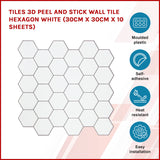 Tiles 3D Peel and Stick Wall Tile Hexagon White (30cm x 30cm x 10 sheets)