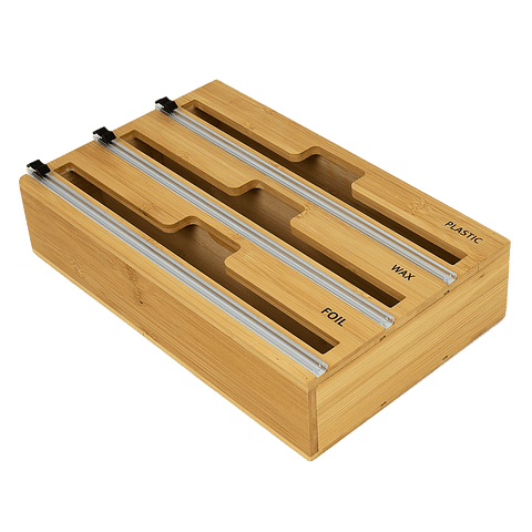 Darrahopens Home & Garden > Kitchenware 3 Grids Bamboo Food Wrap Dispenser Cutter Foil Cling Film Storage Holder Box Kitchen