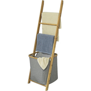 Wall Leaning Ladder Shelf with Laundry Basket Clothes Hamper Bath Towel Rack in Grey
