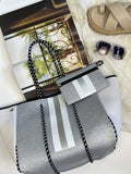 Neoprene Bag - Vegan Tote - 2 Piece Set - Stripe - Grey & Silver