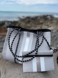 Neoprene Bag - Vegan Tote - 2 Piece Set - Stripe - Grey & Silver