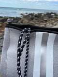 Neoprene Bag - Vegan Tote - 2 Piece Set - Stripe - Grey & Silver
