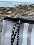 Neoprene Bag - Vegan Tote - 2 Piece Set - Stripe - Grey & Silver