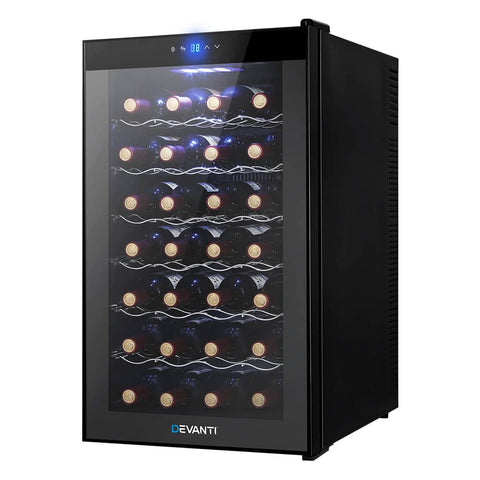 darrahopens Appliances > Fridges Devanti Wine Cooler 28 Bottles Glass Door Beverage Cooler Thermoelectric Fridge Black